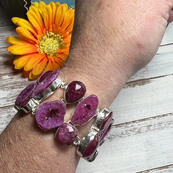 Solar Agate & Ruby Bracelet Handmade Stone Gemstone 925 Silver Large Ethnic New